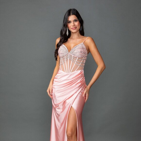 New Beads Embellished Sheath Prom Dress w/ V-Neck & Gathered Waistline DQ 4541 - Picture 3 of 8
